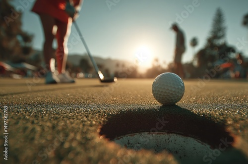 Golf ball perched near hole on green course during warm sunset lighting photo
