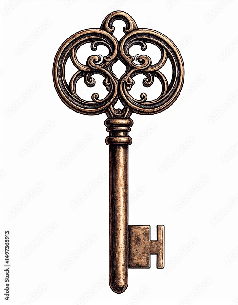 Obraz premium A beautifully crafted vintage key features elaborate swirls and engravings, reflecting artistry.