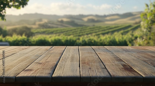 Empty wooden tabletop before sunlit rolling vineyard landscape. Ideal for rural-themed product showcases or food presentations