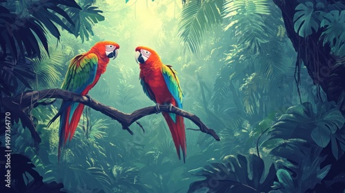 Two Macaws in Lush Rainforest