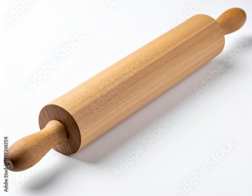 A wooden rolling pin rests on a clean, white countertop, inviting baking and culinary joy.