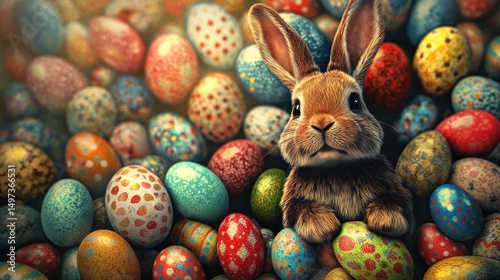 Adorable Easter Bunny Amidst Colorful Eggs