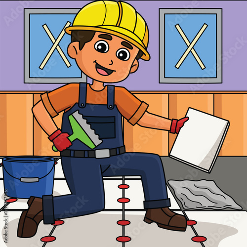 Construction Worker Tile Setter Colored Cartoon 