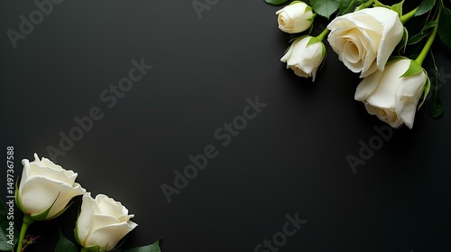 rose, condolence, invitation, flowerFresh, white roses on black, dark background. Condolence card. 