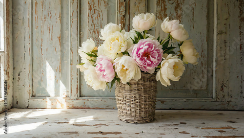Fototapeta Naklejka Na Ścianę i Meble -  Pink and white peonies in a vase