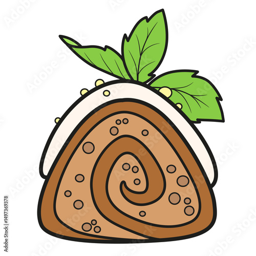 Biscuit cake roll decorated with icing and a mint leaf on a white background