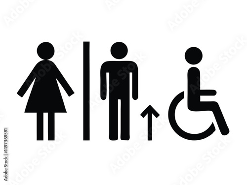 Bathroom gender symbols, male and female WC person icons, vector silhouette illustration