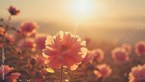 Fototapeta Naklejka Na Ścianę i Meble -  Pink peonies in sunset light