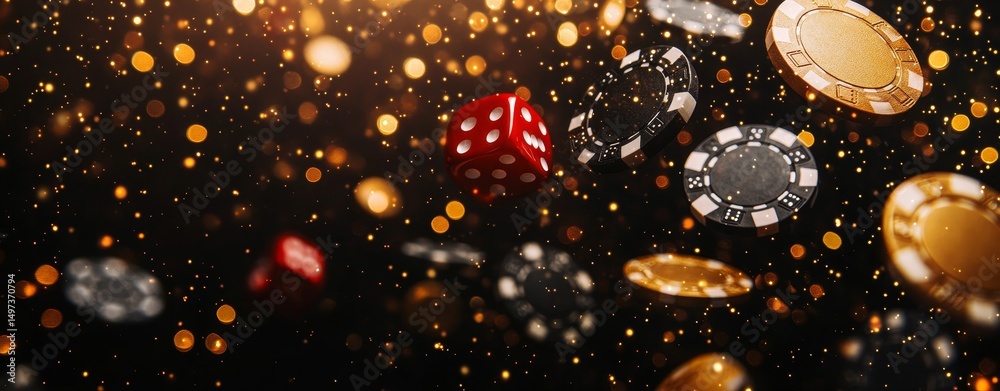 Obraz premium Dynamic and engaging visuals showcasing casino elements like colorful dice and poker chips against a vibrant backdrop