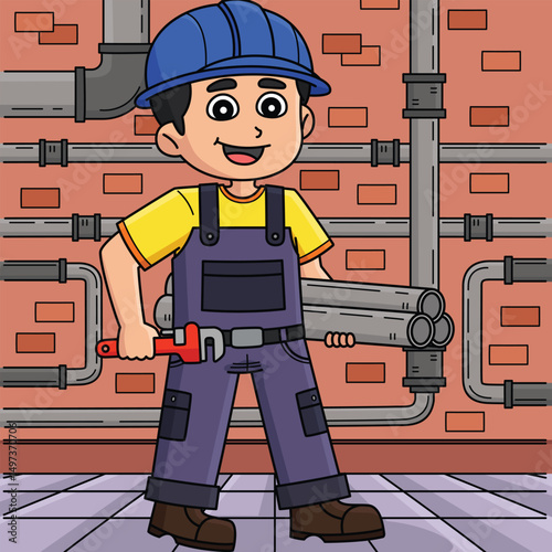 Construction Worker Plumber Colored Cartoon 
