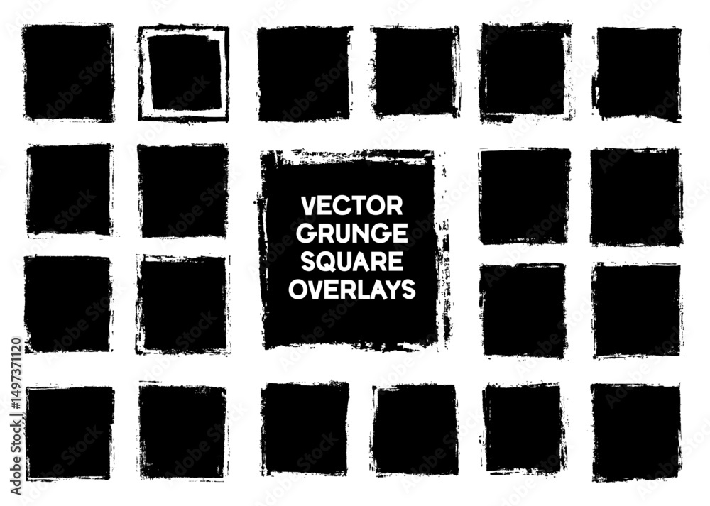 Set of black vector grunge square overlays and frames. Distressed, rough-edged shapes for creating vintage, urban, or edgy effects in designs and photos.