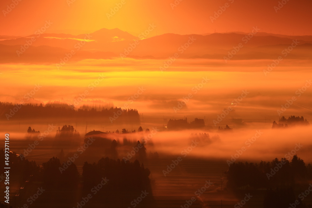 Obraz premium 岩手県花巻市 朝の田園風景