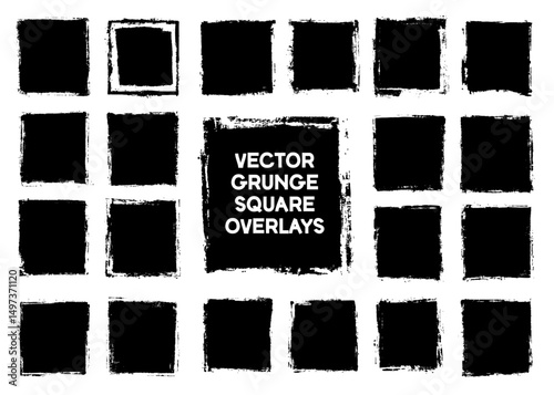 Set of black vector grunge square overlays and frames. Distressed, rough-edged shapes for creating vintage, urban, or edgy effects in designs and photos.