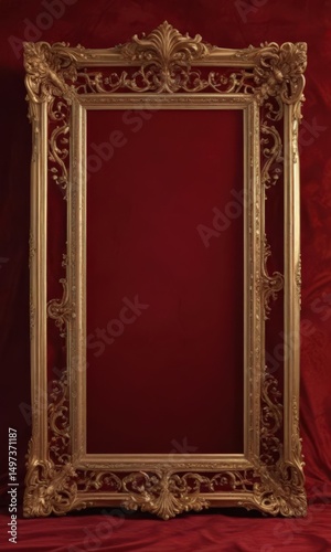Deep crimson velvet backdrop, lavish gold frame with swirling details  ,  scroll,  swirl,  sophisticated