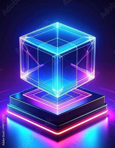 A colorful cube radiates light from a polished surface, creating an ethereal atmosphere.