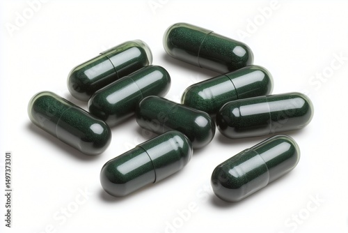 Close-up of Spirulina Capsules isolated on white background