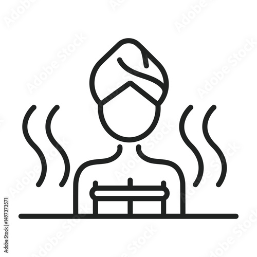 Line art shows a person relaxing in a hot tub or spa with steam coming up around them while wearing a towel on their head.
