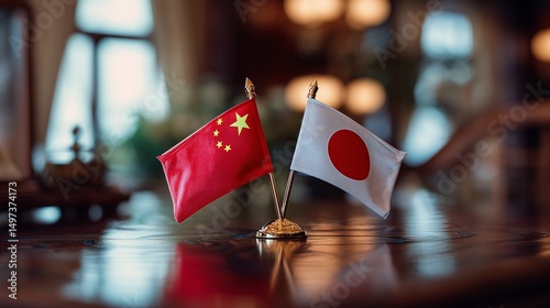 Photo of Miniature China and japan flags stand on  wooden table