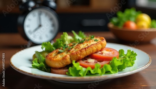 Close-up of untouched meal, clock showing fasting time, schedule, food restriction, conscientious eating