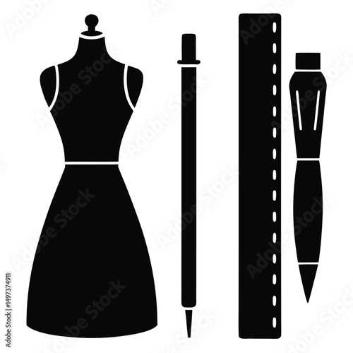 Fashion Designer element isolated pencil and ruler on white background