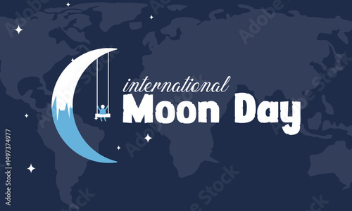 International moon day special design illustration, a human swing on a half moon in contenent flat design.