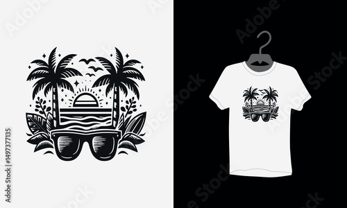 summer beach t shirt design, tropical beach, palm tree beach, summer sunset art,  silhouette, sunglasses, Vibrant, Retro Ocean Landscape,
relaxation, travel, adventure, tee, surf,
