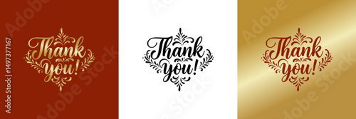 Elegant thank you designs in brown, transparent, and gold backgrounds, three designs 