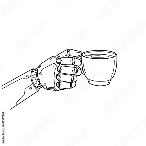 Robotic hand holding a cup of coffee in line drawing style, concept of line drawing on a transparent background  