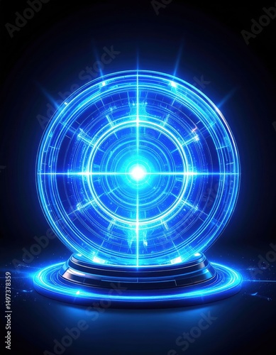 A glowing blue orb emits radiant light, surrounded by a sleek base, creating a mystical atmosphere.