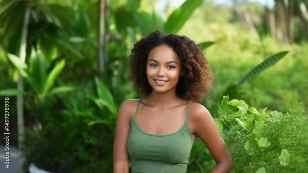 Smiling Woman in Green Surrounded by Lush Foliage