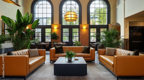 Bright lobby space featuring caramel leather sofas and golden floor lamps in a chic boutique hotel