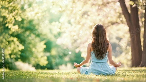 Young woman meditating in peaceful forest on green grass with sunlight bokeh, ideal for wellness, mental health, mindfulness and self-care themed video content