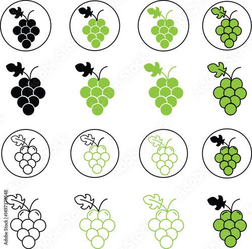 Green Bunch of grapes fruit with leaf icons set flat and line icon for food apps and websites. Grape collection