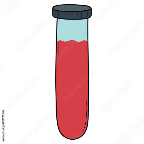 Hand drawn cartoon test tube with blood on white background.