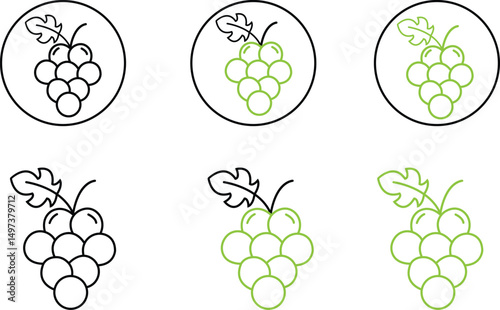 Green Bunch of grapes fruit with leaf icons set line icon for food apps and websites. Grape collection