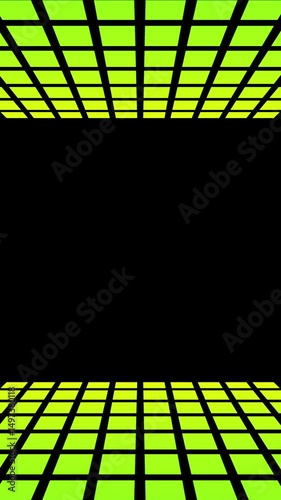 Expanding mirrored motion grid pattern in neon yellow and green on black in vertical format. Abstract background or design element.