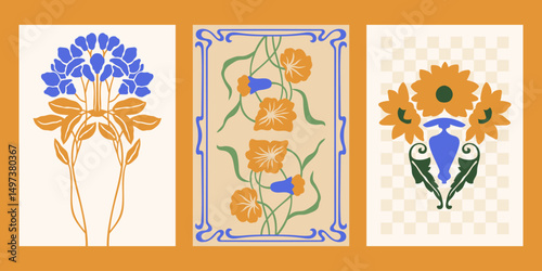 Art Nouveau style vector posters set. Vintage print designs with flowers, whimsical frame, checkered background
