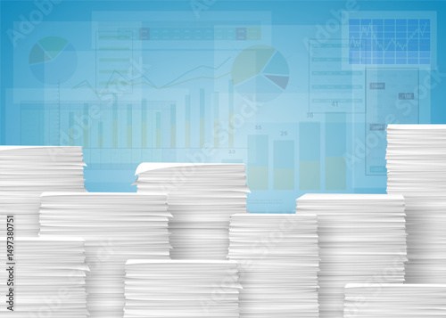Office workplace with stacks of paper and accounting analytical documentation. Vector illustration