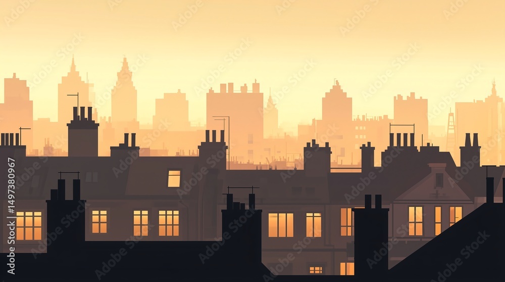 Obraz premium Rooftop Silhouettes Under Golden Sunset in Peaceful Cityscape