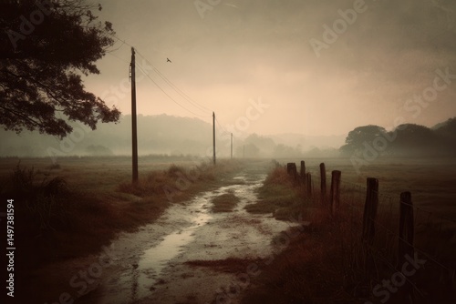 Fog lingering over a muddy path and wooden poles at dawn