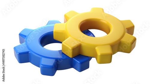 A pair of interlocking gears one is yellow and the other is blue rendered in a smooth style isolated on transparent background