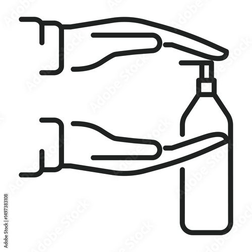 Hands are shown using sanitizer. Bottle is placed in the hand, and the other hand is on top to press down for sanitizing.