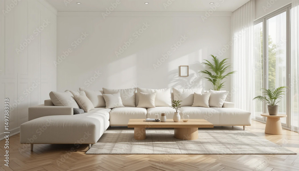 Fototapeta premium Modern Minimalist Living Room Interior Design Beige Sofa Wooden Coffee Table Plants