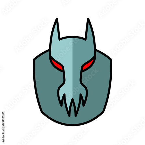 Evil monster head illustration. Demonic creature with long ears, red eyes and tentacles mouth. Scary thing mask