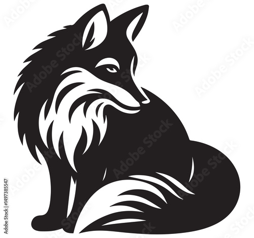 Black and White Fox Vector Illustration: Elegant Silhouette of a Sitting Fox with Detailed Fur and Tail Design - Animal Art Graphic