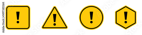 Caution, danger and warning signs . attention vector icon . exclamation mark icon in yellow square, circle, hexagon, triangle shapes