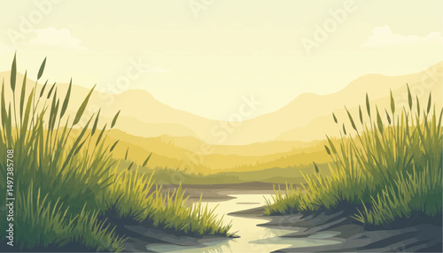 Grass with Sunset and Mountain Landscape Vector Illustration