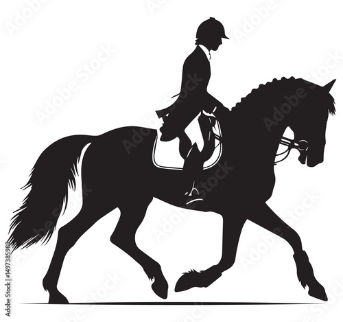 Horse and Rider Silhouette: Equestrian Dressage Sport, Black and White Vector Illustration, Horseback Riding Competition Art