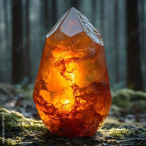 Amber crystal point on mossy forest floor