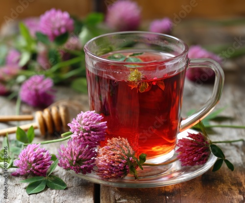 Medicinal herbal tea or infusion of red clover in a glass cup with flowers